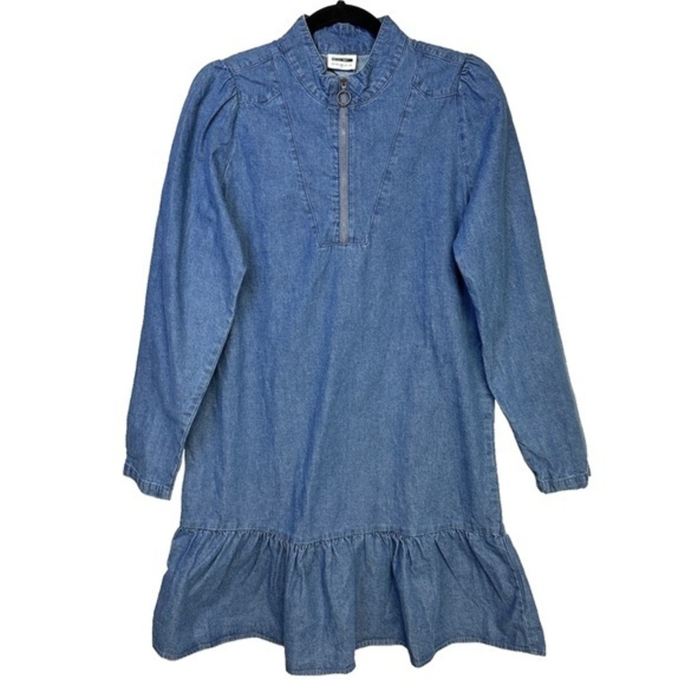 NEW Noisy May Blue Denim Ruffle Mini Shift Dress Zip Mock Collar Size Medium - Picture 2 of 15
